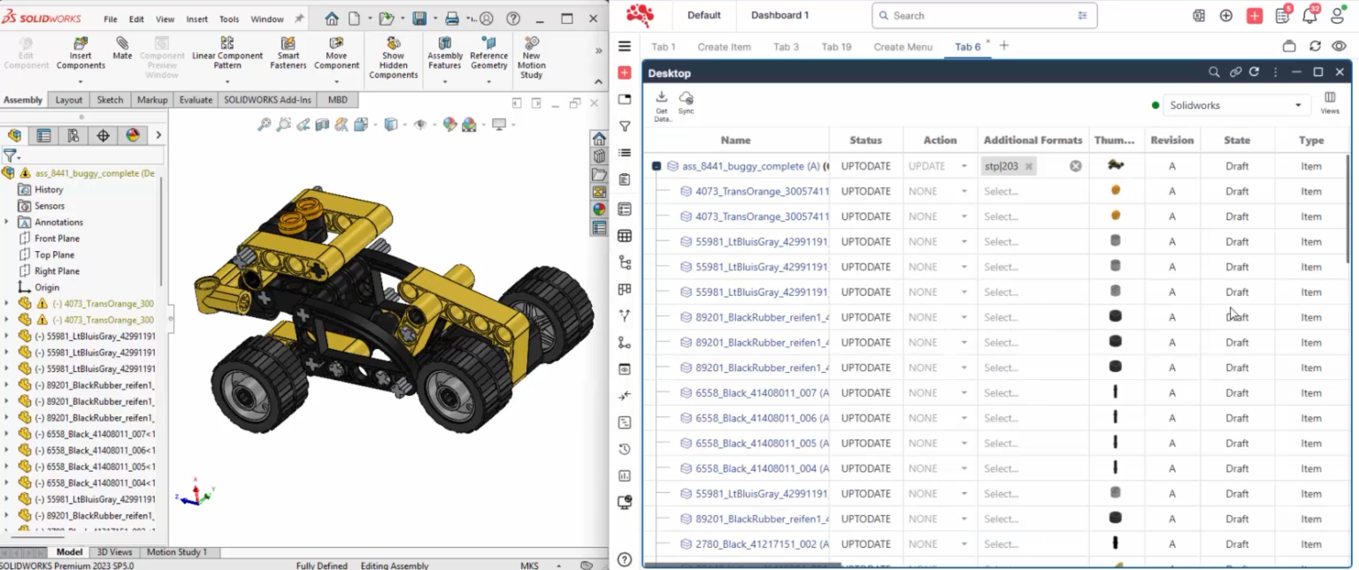 Illustration showing the integration of CAD and PLM systems, highlighting streamlined workflows and seamless data transfer between design and product lifecycle management tools.