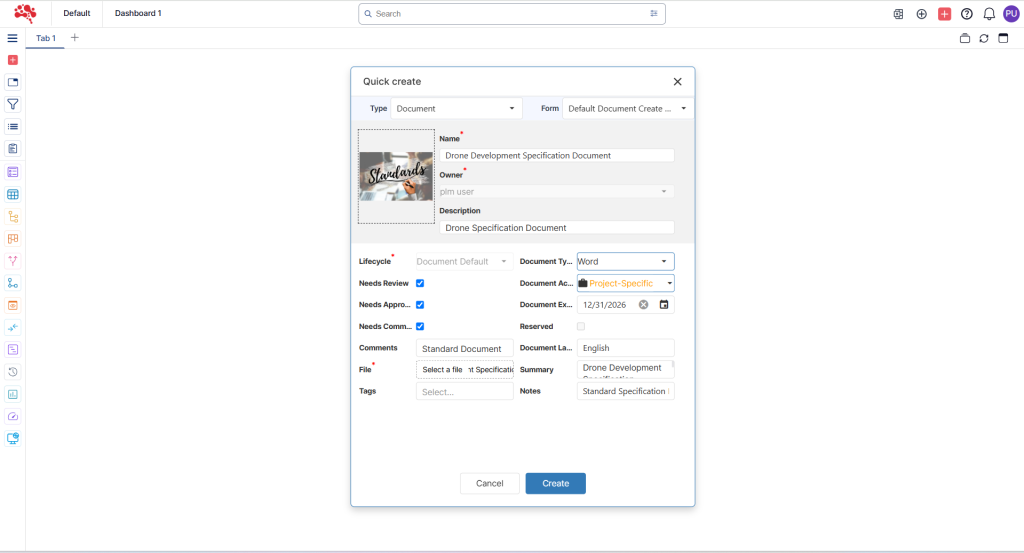 Click on create to create and upload the document