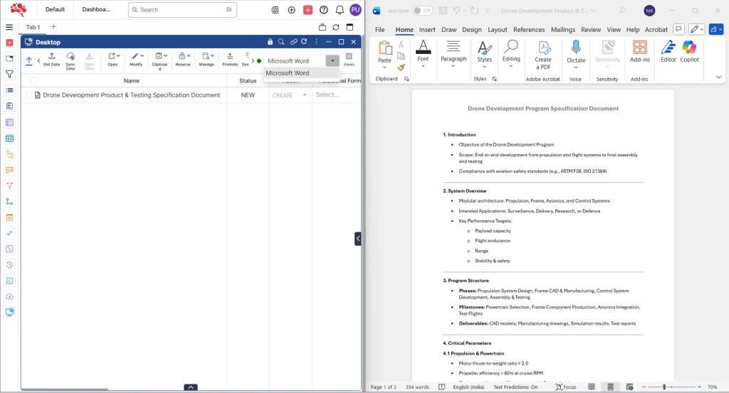 Microsoft Word is auto selected, Toggle to view the available applications for data sync