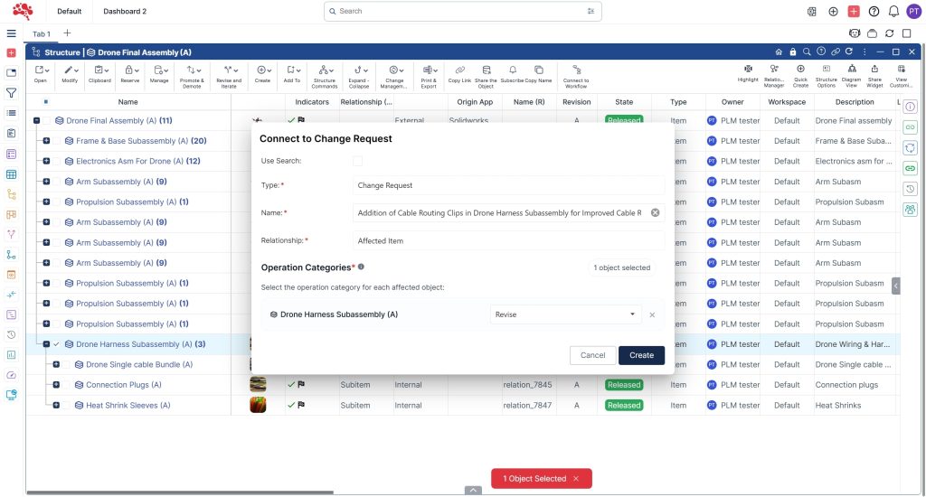 1.4 Select the operation category as Revise to revise the released affected item and apply changesmodifications