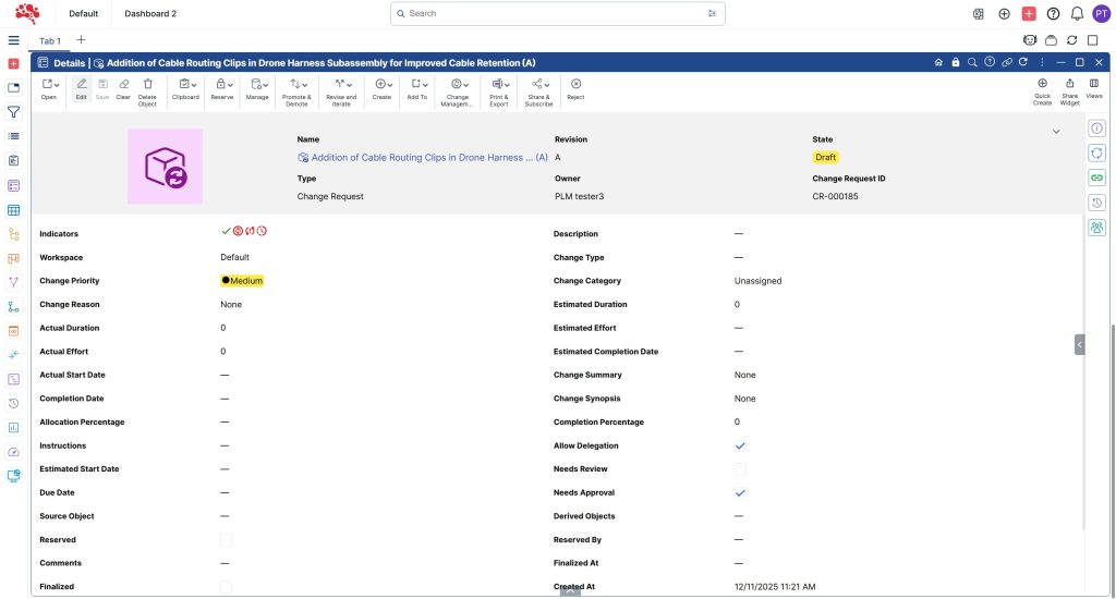 1.6 Click the Edit to update Change Request details and specifications.