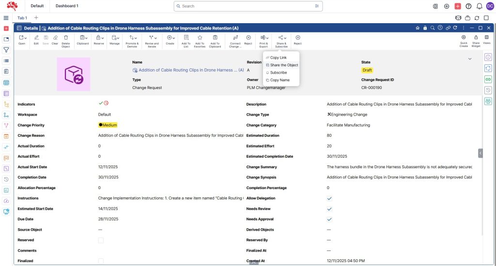 2.1 Click Share Object to distribute the Change Request with collaborators.