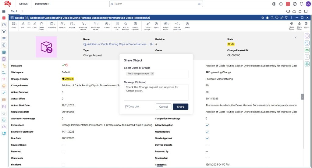 2.3 After adding a message, click Share to send the Change Request to the selected users.