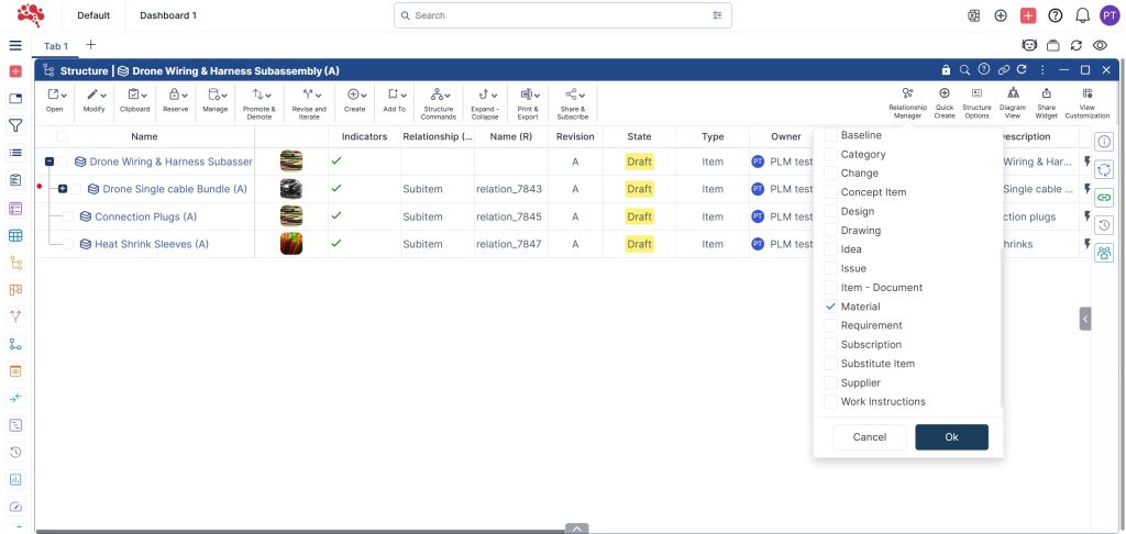 Select Material in the Relationship manager and click on Ok