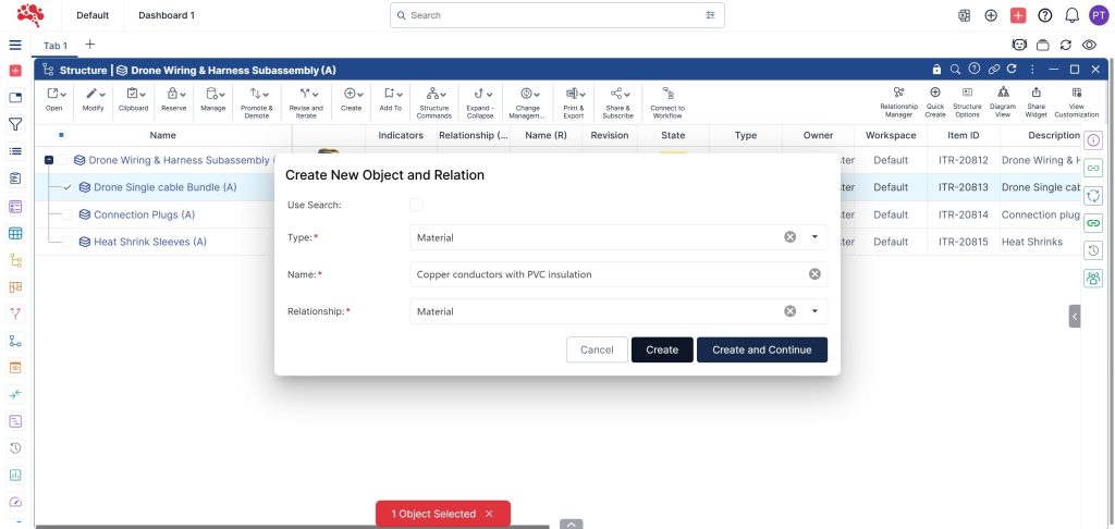 Select type Material, give a name, and set relationship to Material to create it