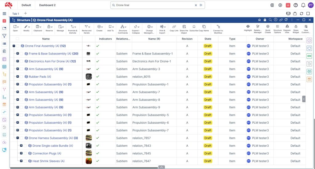 Using the Quick create with Relations new subitems are added to the Drone Harness Subassembly